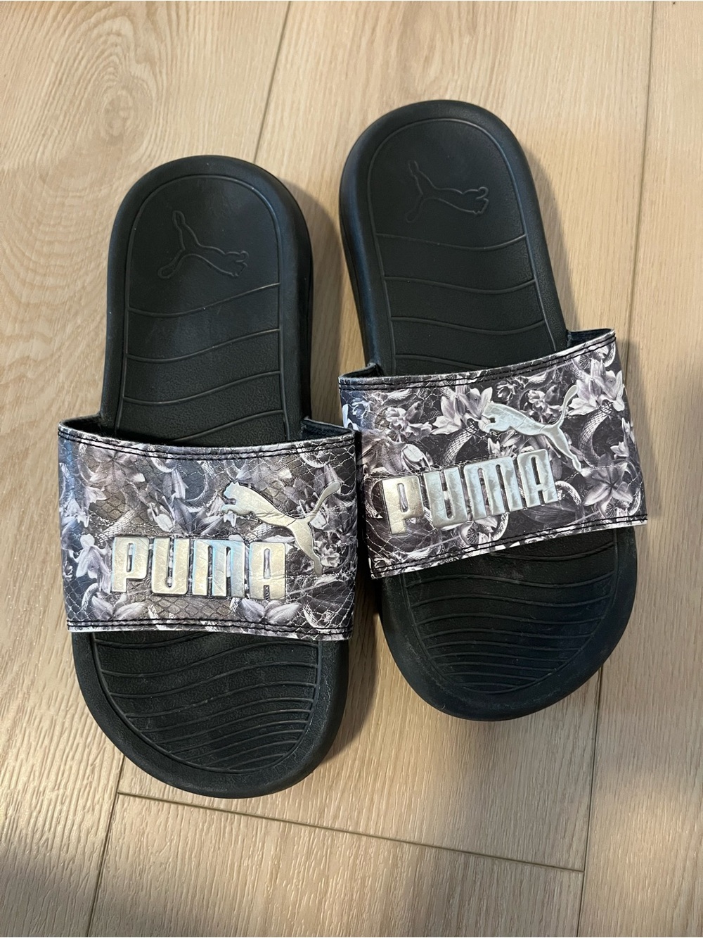 Puma Black Slides with Gray Floral Strap
